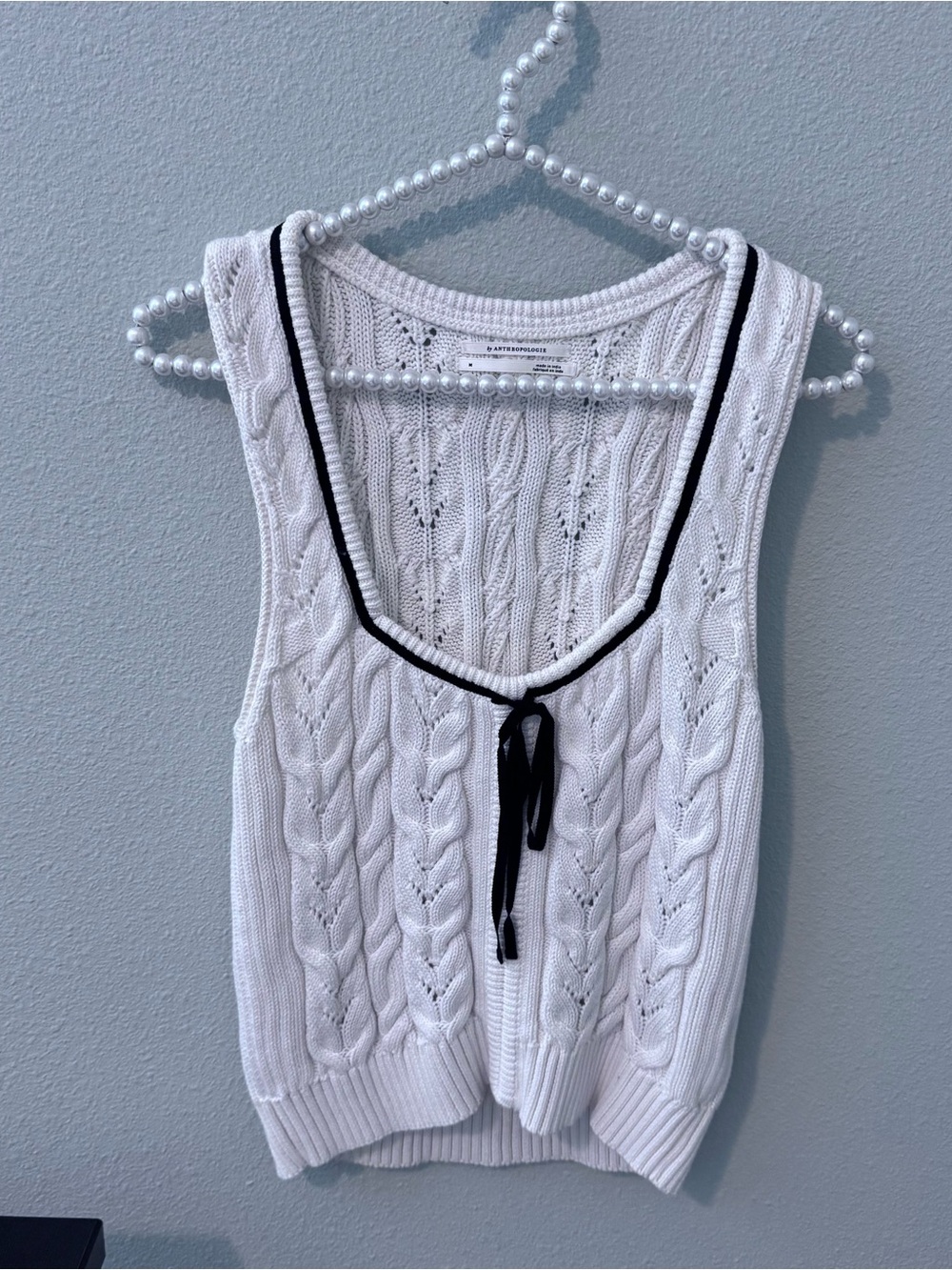 Anthropologie Cream Cable Knit Tank with Black Trim